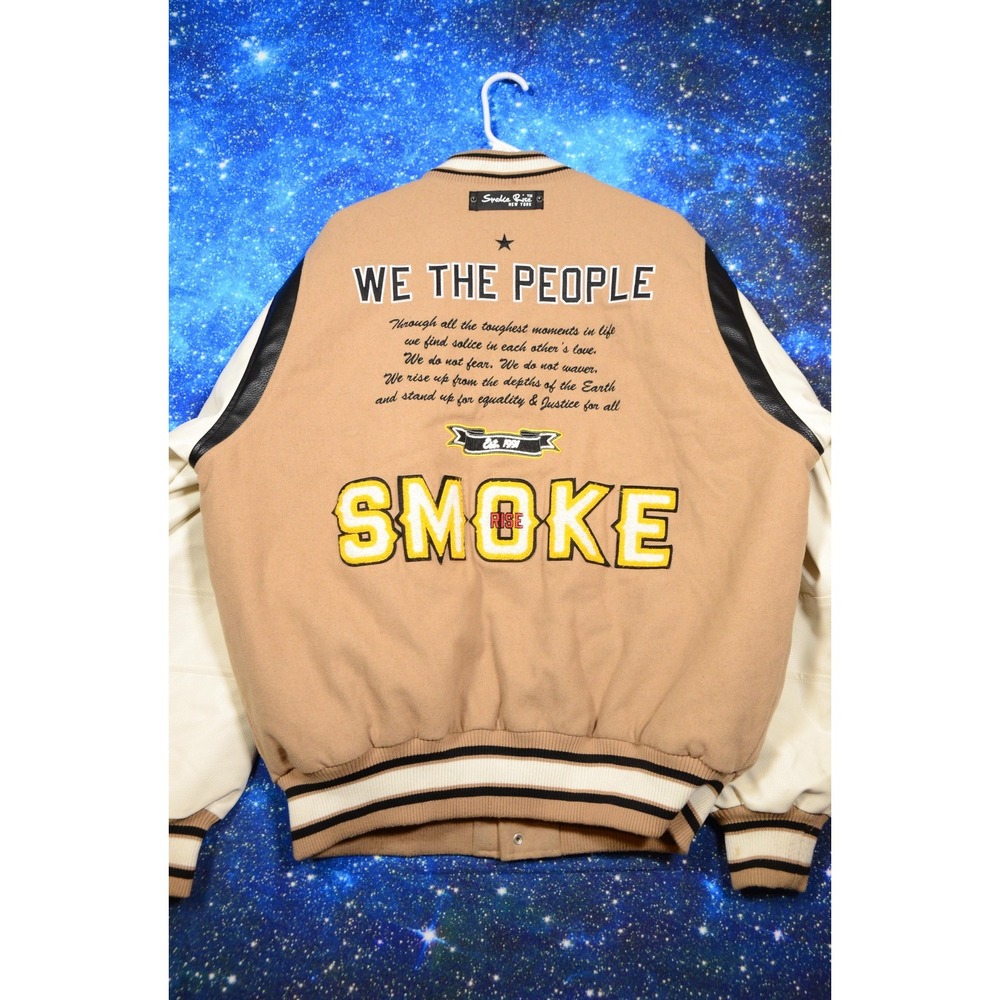 Smoke Rise Varsity Jacket Mens 2XL Tan White Letterman Quilted Snap Patches - Picture 2 of 10